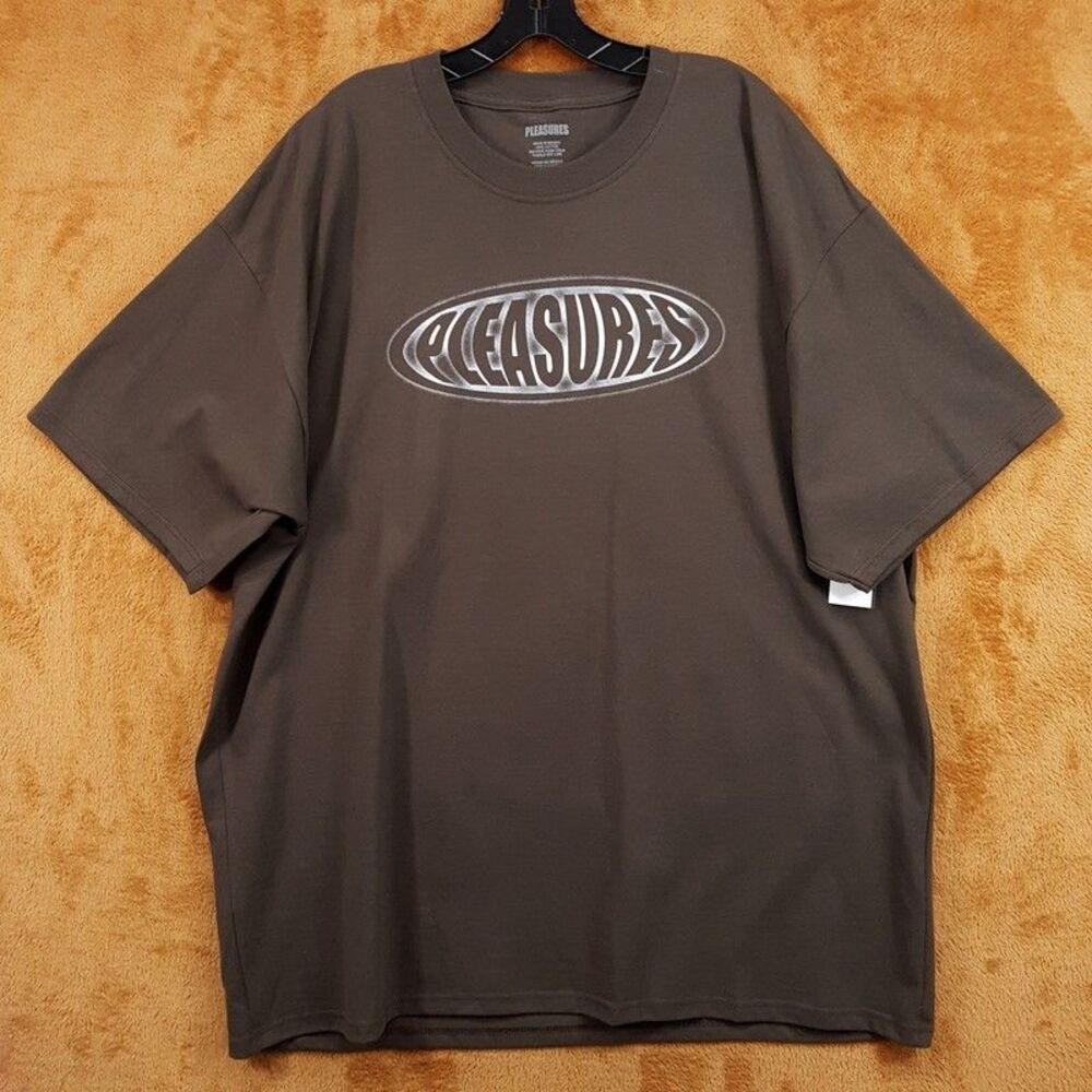 PLEASURES Shirt Mens XXL Brown Pullover Crew Graphic Sandblast Logo T-Shirt Tee